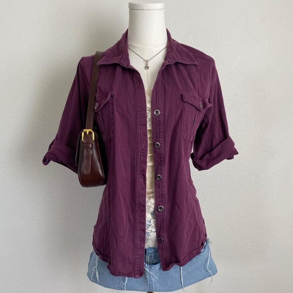 Y2K Style & Co Utility Button Up Shirt Blouse Half Sleeve Pocket Roll Tab Sleeve
